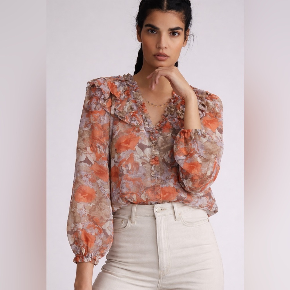 LIKE NEW Anthropologie x Current Air Ruffled Floral Blouse/Top